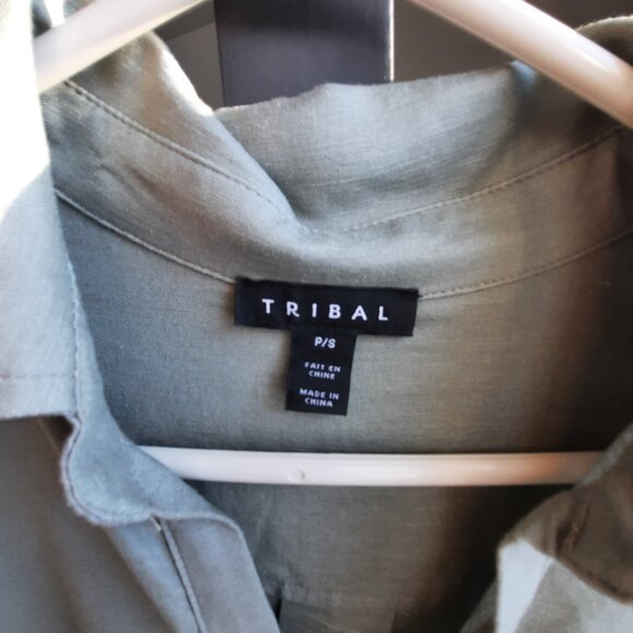 Tribal linen and cotton tunic/dress, knee length, soft sage green - Picture 4 of 5